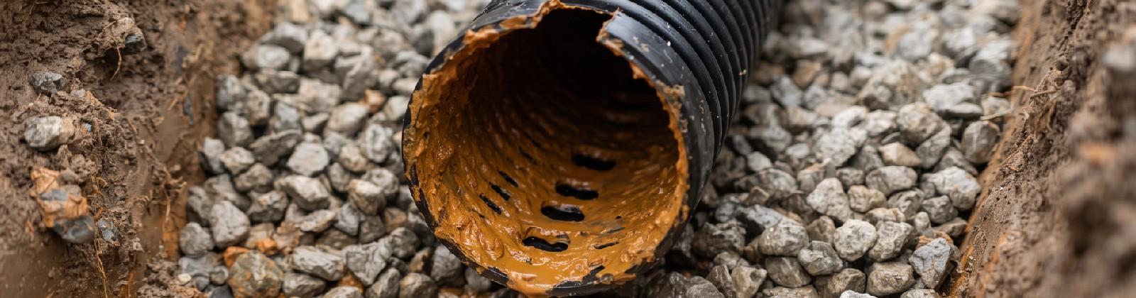 Un drain français ouvert : le tuyau est intact, ce sont ses perforations que l’ocre a refermées.