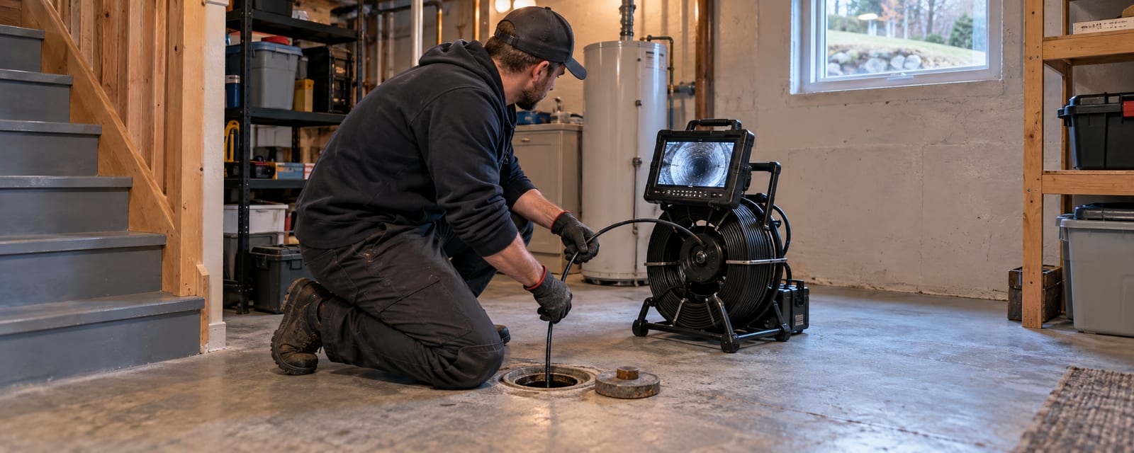 Inspection par caméra d’un drain dans le sous-sol d’une maison à Sherbrooke