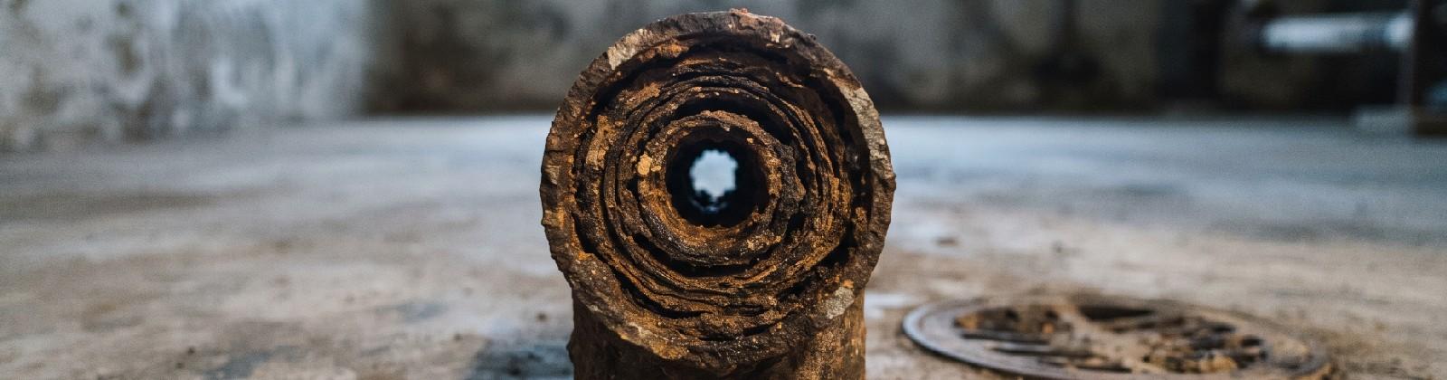 Coupe d’un vieux drain de fonte posé sur le plancher d’une cave : les dépôts empilés par couches ont réduit le passage à un petit trou